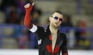 Canada's Laurent Dubreuil celebrates following the men's 1000-metre competition at the ISU World Cup speedskating event in Calgary, Alta., Saturday, Feb. 8, 2020.THE CANADIAN PRESS/Jeff McIntosh