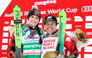 Marielle Thompson and Kevin Drury celebrate double gold medals in Megeve, France during Ski Cross World Cup on February 1, 2020.