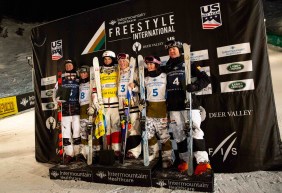 Medallists from Saturday's dual mogul event at the Deer Valley World Cup stand on the podium together