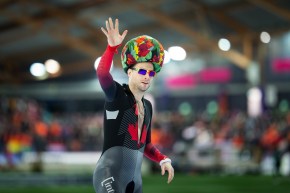 Canada's Laurent Dubreuil celebrates being crowned vice-champion at the ISU World Sprint Speed Skating Championships on Saturday in Hamar, Norway. Feb 29, 2020. (Photo from Speed Skating Twitter)