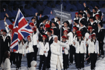 Team GB Vanoc 2010 Flag bearer Shelley Rudman of Great Britain leads her team into the Opening Ceremony of the 2010 Vancouver Winter Olympics at BC Place on February 12, 2010 in Vancouver, Canada