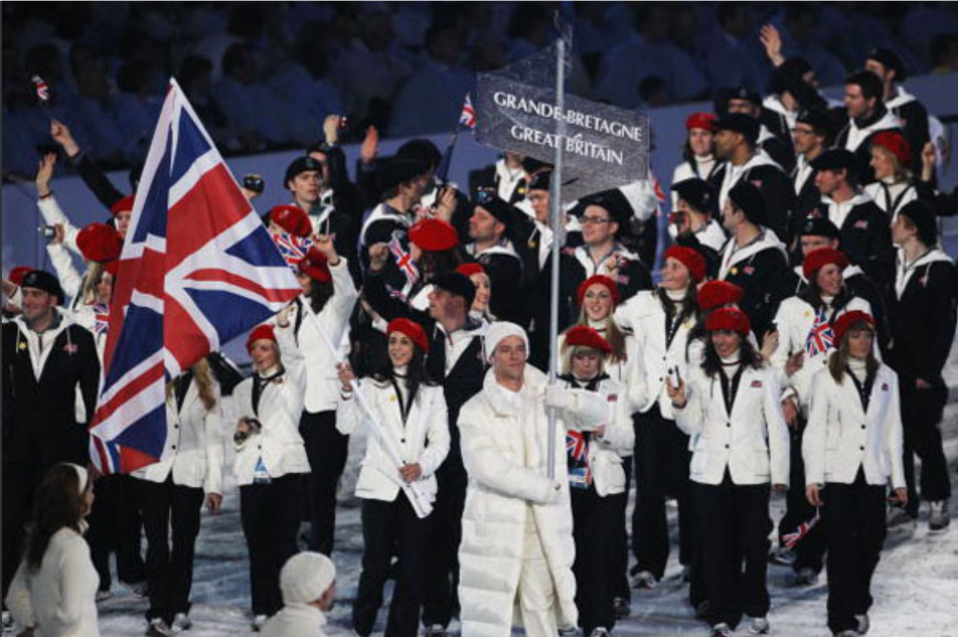 Team GB Vanoc 2010 Flag bearer Shelley Rudman of Great Britain leads her team into the Opening Ceremony of the 2010 Vancouver Winter Olympics at BC Place on February 12, 2010 in Vancouver, Canada
