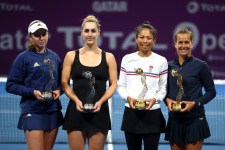 Gaby Dabrowski (second from left) and Jelena Ostapenko pose for a photo with Qatar Open winners Hsieh Su-wei and Barbora Strycova.