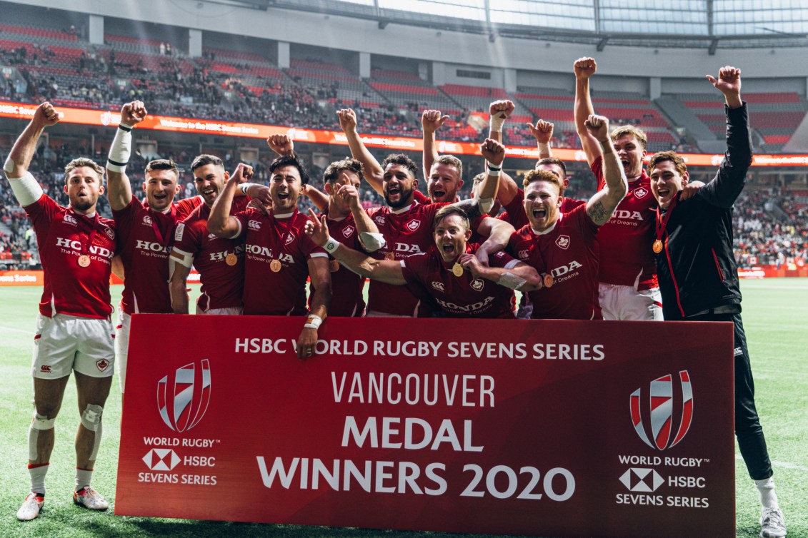 Team Canada celebrates after finishing in third place at the Rugby 7s tournament
