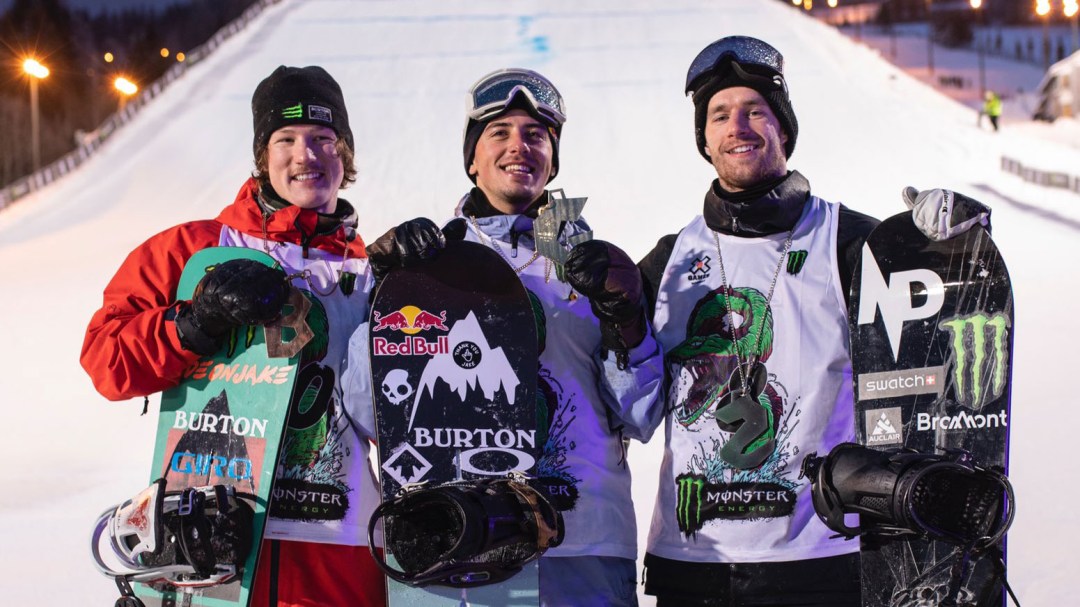 (L-R) Darcy Sharpe, Mark McMorris, and Max Parrot pose for a photo after reaching the podium in the men's big air event.