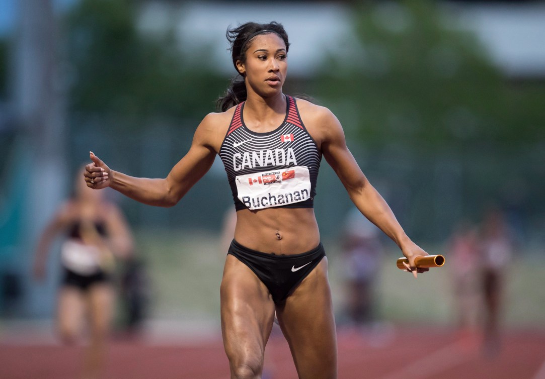 Canada's Leya Buchanan, of Toronto, looks on after running in the anchor spot to finish in second-place behind China during the women's 4 x 100 metre relay at the Harry Jerome International Track Classic, in Burnaby, B.C.