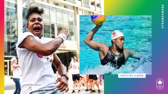 Krystina Alogbo at Pride and playing water polo graphic