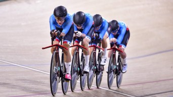 Canada's women's team pursuit racing on the velodrome