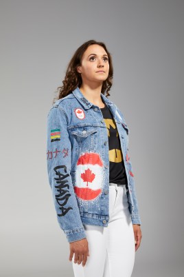 Team Canada Kylie Masse HBC 2020 Kylie Masse is facing the camera in Tokyo 2020 closing ceremony jean jacket