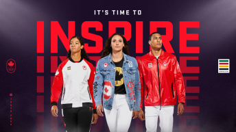Sarah Douglas, Kylie Masse and Pierce LePage wearing Tokyo 2020 clothing kit in front of words It's time to inspire