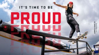 Annie Guglia skateboarding down a rail with the words "It's Time to Be Proud" behind her.