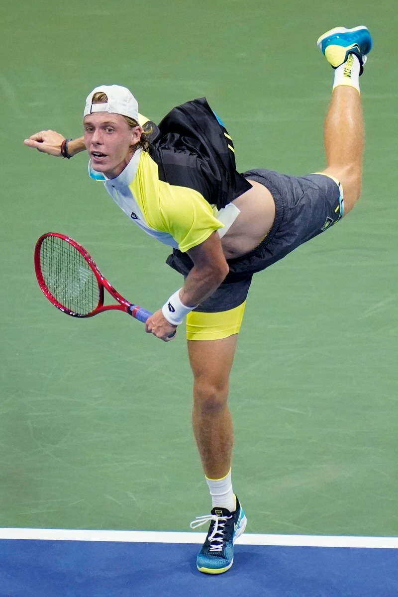 Denis Shapovalov, of Canada, serves to Pablo Carreno Busta, of Spain, during the quarterfinal round of the US Open tennis championships, Tuesday, Sept. 8, 2020, in New York. (AP Photo/Frank Franklin II)