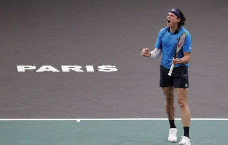 France Paris Masters Tennis Milos Raonic celebrates victory in the quartefinals at the Paris Masters