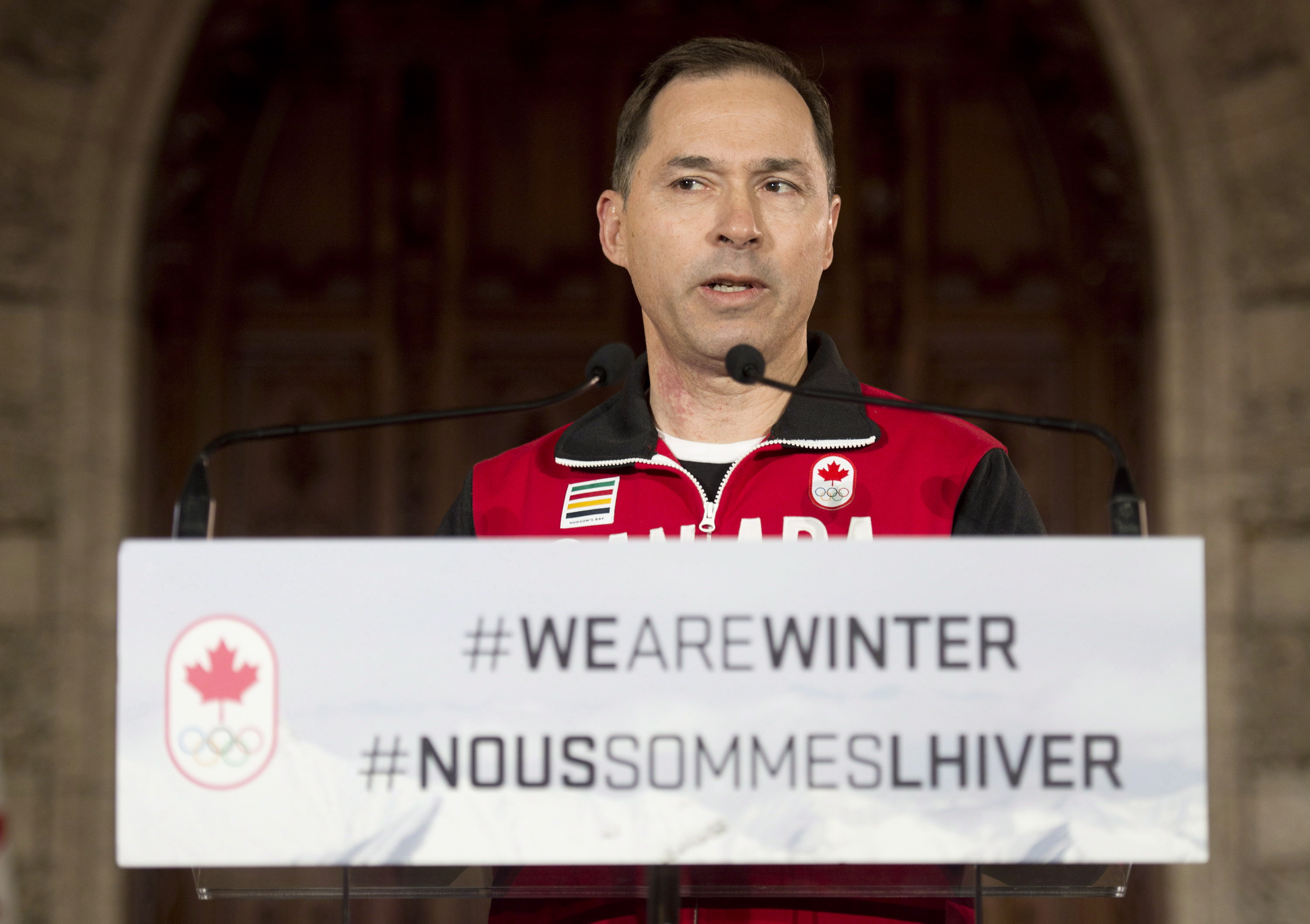 Steve Podborski announcing the flagbearer for Sochi 2014