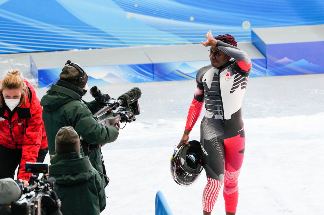 Team Canada’s Cynthia Appiah competes in the women’s bobsleigh monobob fourth heat during the Beijing 2022 Olympic Winter Games on Monday, February 14, 2022. Photo by Mark Blinch/COC