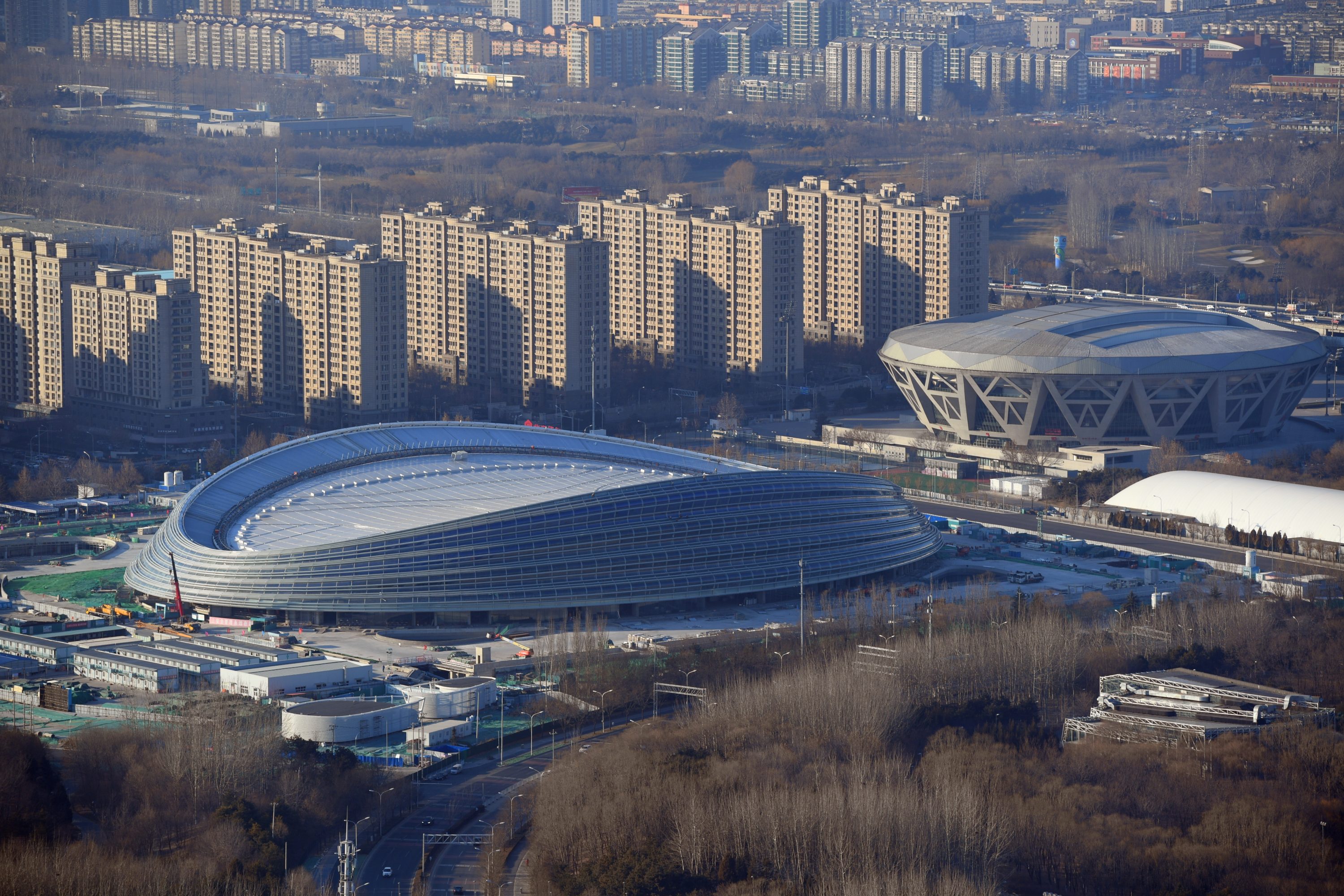 Aerial exterior of National Speed Skating Oval in Beijing