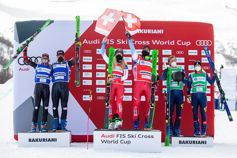 FIS World Cup, Ski Cross, ladies, men, award ceremony. Image shows the rejoicing of Courtney Hoffos, Christopher Delbosco (CAN), Fanny Smith, Jonas Lenherr (SUI), David Mobaerg and Sandra Naeslund (SWE)