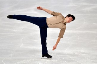 Keegan Messing of Canada performs during the Men Short Program at the Figure Skating World Championships in Stockholm, Sweden, Thursday, March 25, 2021.