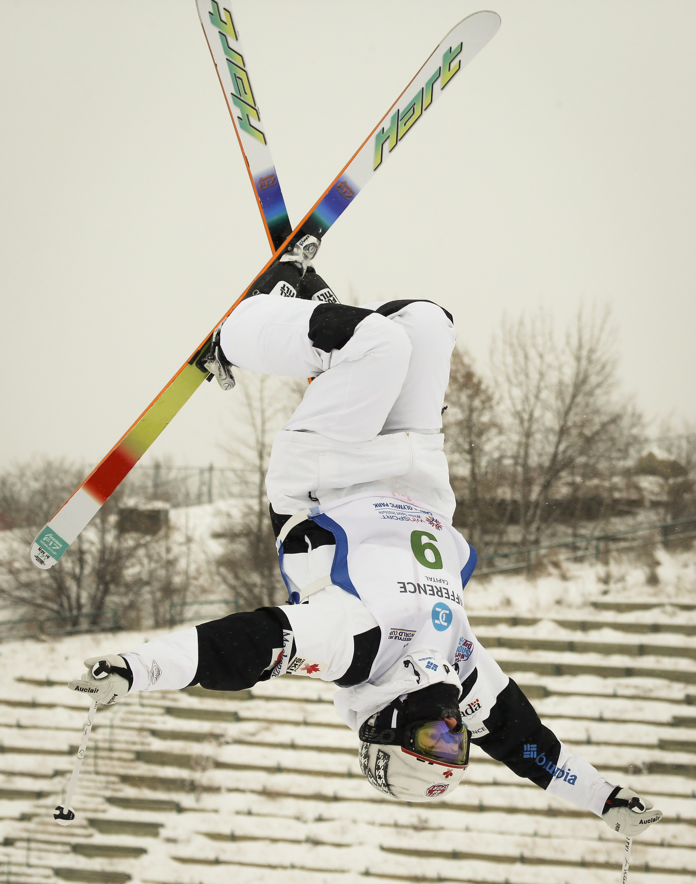 Canada's Maxime Dufour-Lapointe competes during the ladies World Cup freestyle moguls event in Calgary, Alta., Saturday, Jan. 3, 2015.