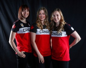 Canadian Olympic athletes, left to right, Maxime Dufour-Lapointe, Chloe Dufour-Lapointe, and Justine Dufour-Lapointe poses for a photo at the Olympic Summit in Calgary, Alta., Saturday, June 3, 2017.