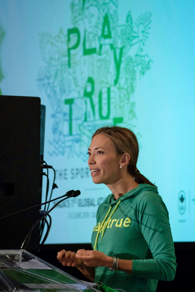 World Anti-Doping Agency athlete committee chairperson, Beckie Scott, addresses the agency's first Global Athlete Forum in Calgary, Alta., Monday, June 4, 2018.THE CANADIAN PRESS/Jeff McIntosh