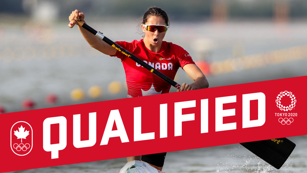Qualified banner on photo of Katie Vincent paddling in canoe