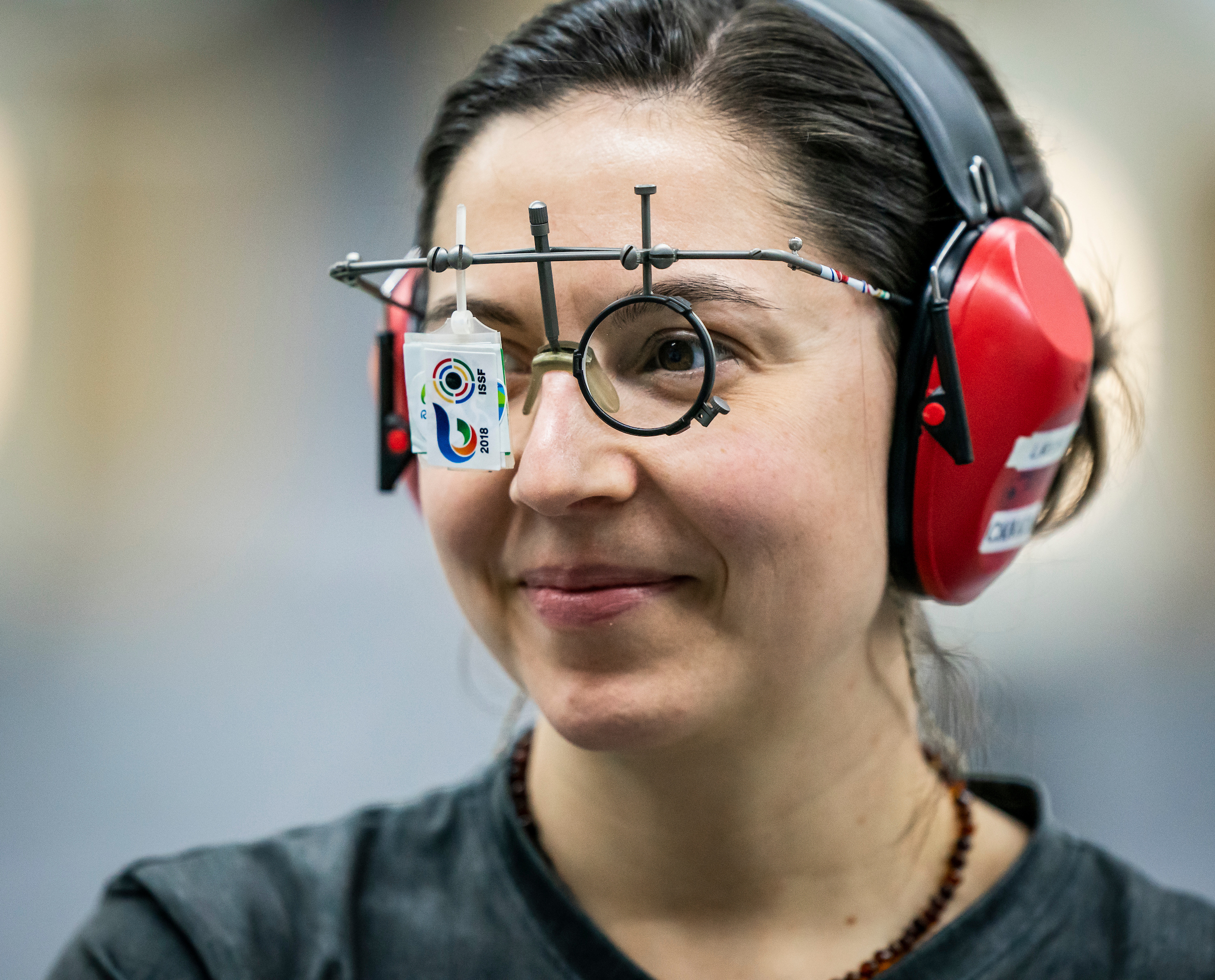 Lynda Kiejko close up while wearing her shooting glasses 