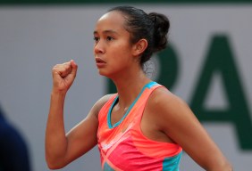 Canada's Leylah Fernandez clenches her fist after scoring a point against Petra Kvitova of the Czech Republic in the third round match of the French Open tennis tournament at the Roland Garros stadium in Paris, France, Saturday, Oct. 3, 2020.