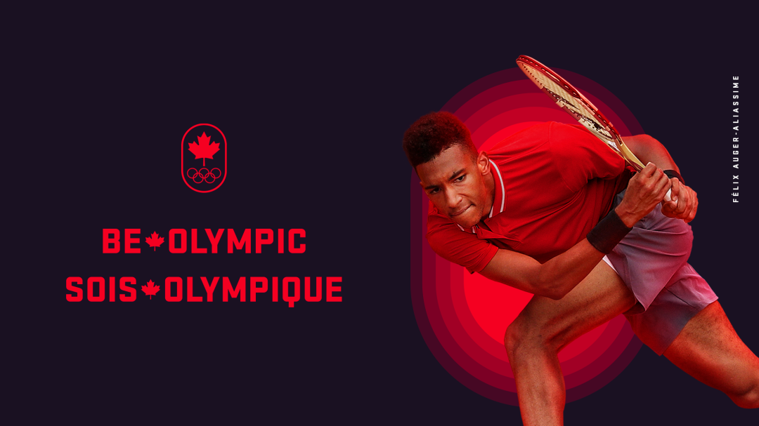 A cutout image of Félix crouching down, bending his knee during a match. Be Olympic Sois Olympique on the left side.