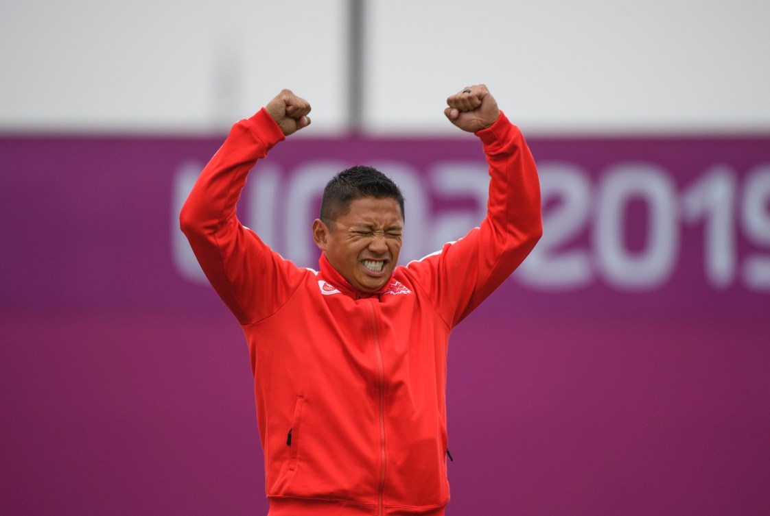 Crispin Duenas of Canada wins gold in the men's recurve at the Lima 2019 Pan American Games on Sunday, August 11, 2019. THE CANADIAN PRESS/HO, COC, Christopher Morris *MANDATORY CREDIT*
