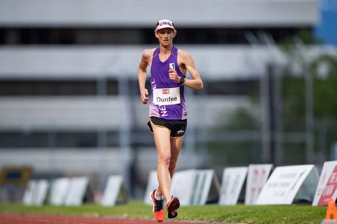 Evan Dunfee, of Richmond, B.C., races to a new Canadian record of 38:39.72 in the 10,000 metre race walk event during the Harry Jerome International Track Classic, in Burnaby, B.C.
