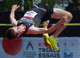 Django Lovett, from Surrey, B.C., clears 2.29m on his way to winning the Men's High Jump final on Sunday, June 27, 2021 at the Canadian Track and Field Olympic trials in Montreal. THE CANADIAN PRESS/Ryan Remiorz.