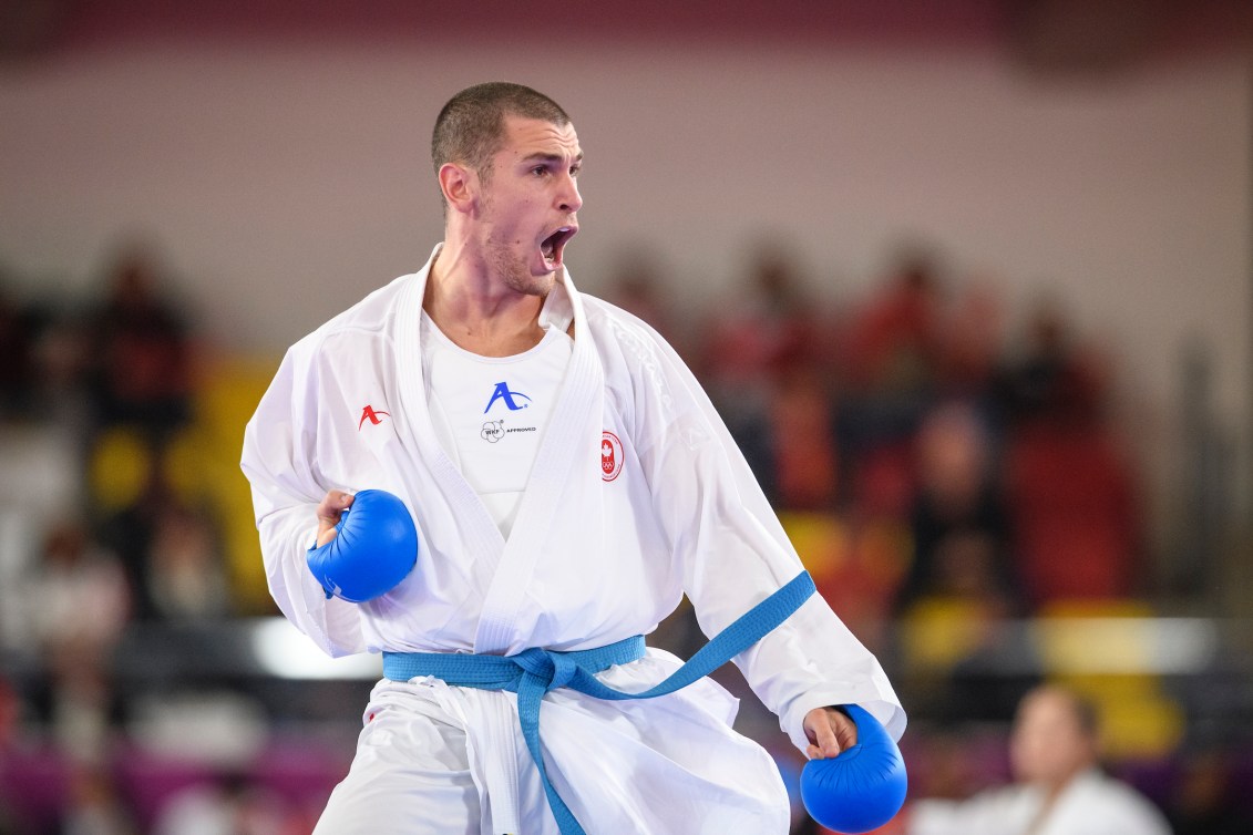 LIMA, Peru - Daniel Gaysinsky of Canada competes against  Brian IRR of the United States in men's over 84kg karate at the Lima 2019 Pan American Games on August 10 2019. 