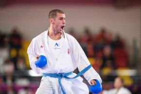 LIMA, Peru - Daniel Gaysinsky of Canada competes against Brian IRR of the United States in men's over 84kg karate at the Lima 2019 Pan American Games on August 10 2019.