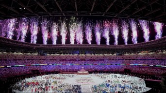 Fireworks light up the sky at the Opening Ceremony