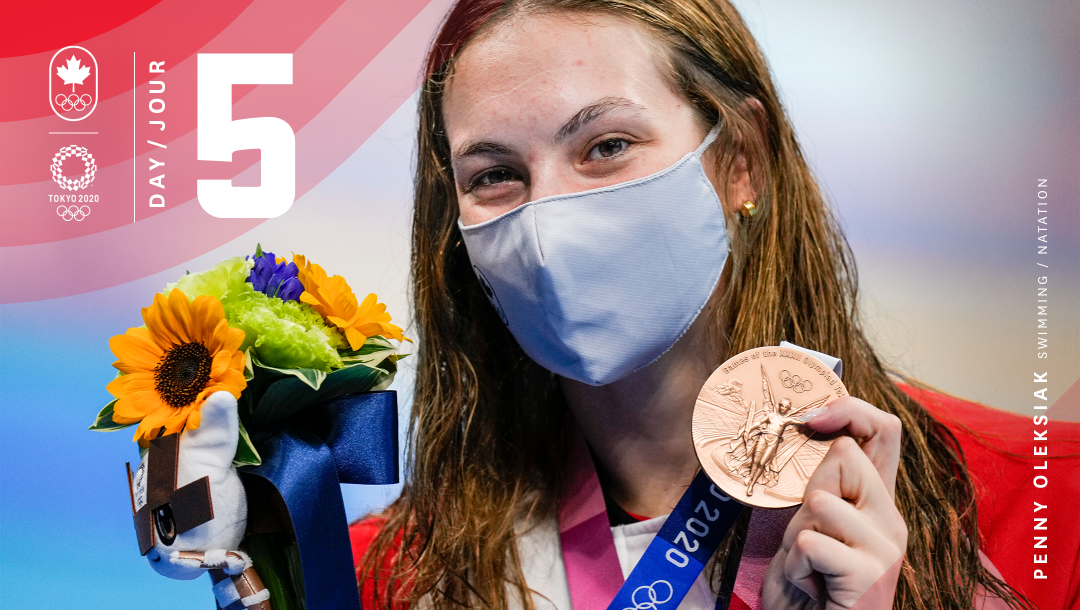 Penny Oleksiak holding her medal and flowers