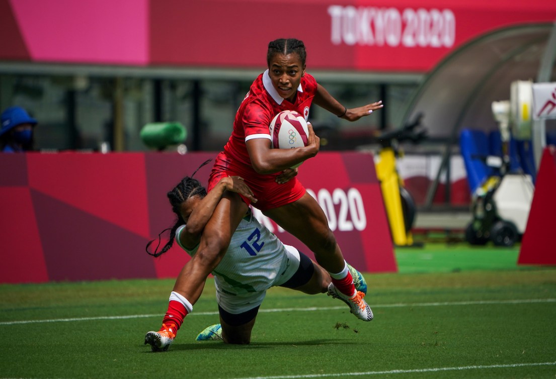 Team Canada's Keyara Wardley attempts to break a tackle