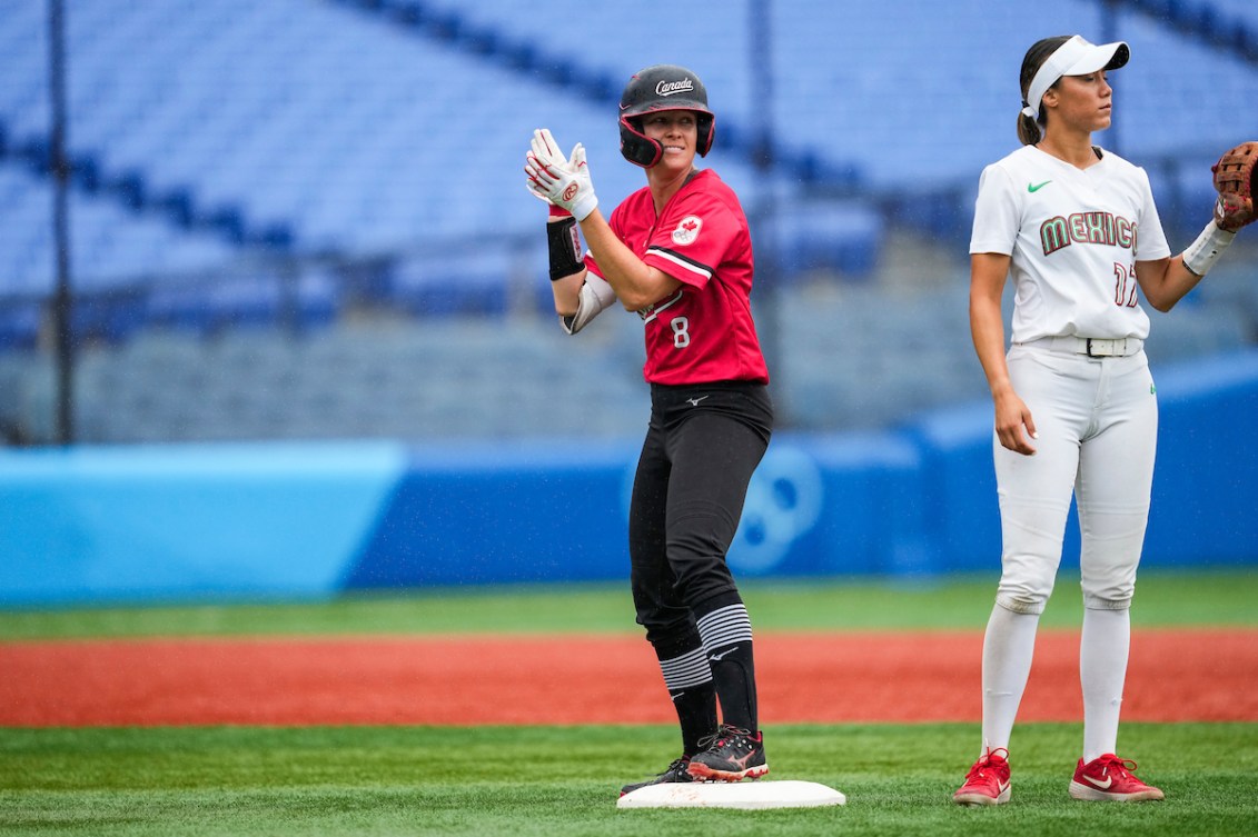 Victoria Hayward celebrates hitting a double