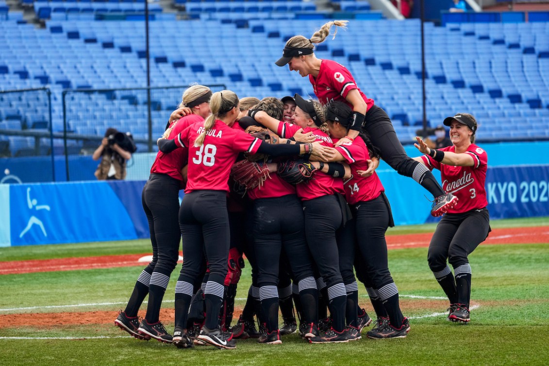 Canada celebrates after winning the bronze medal