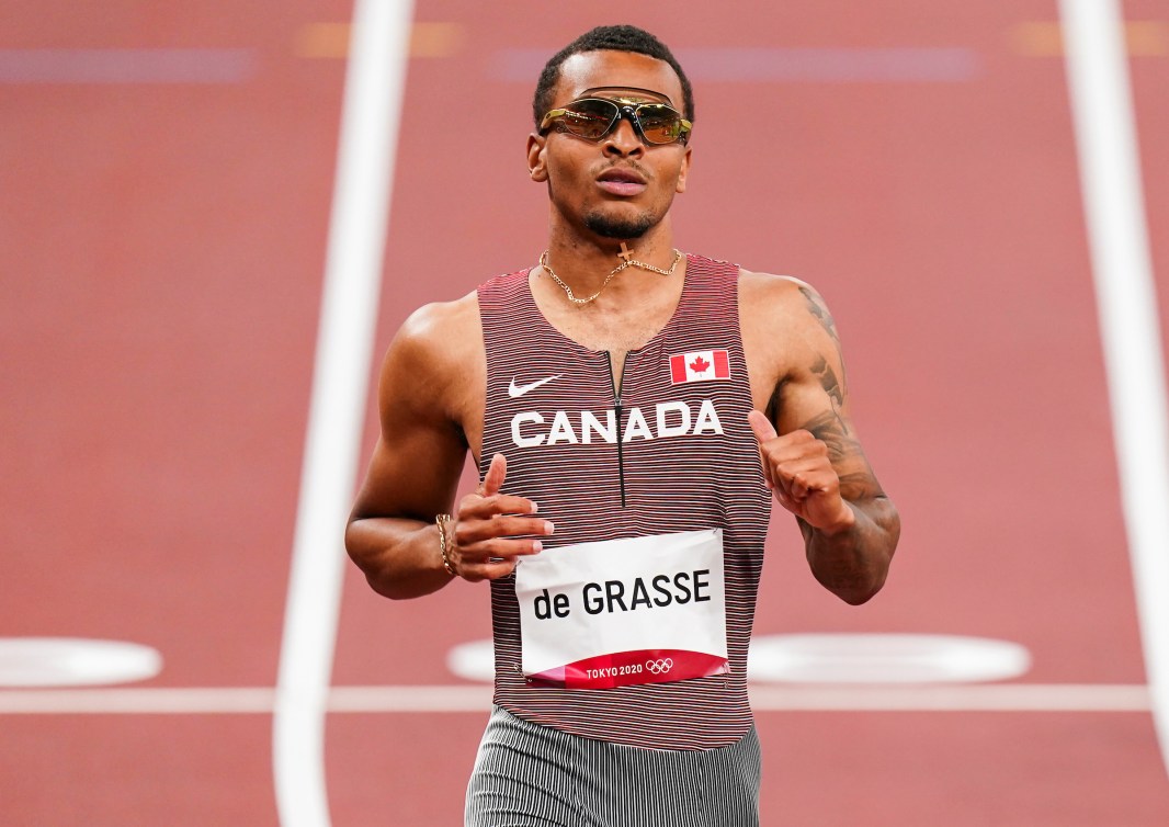Andre De Grasse at the end of his heat