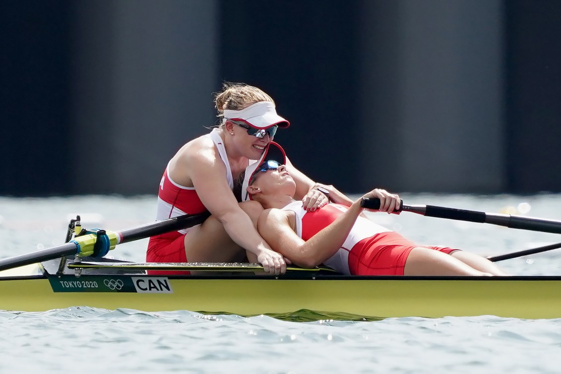 Caileigh Filmer and Hillary Janssens react after their bronze medal win