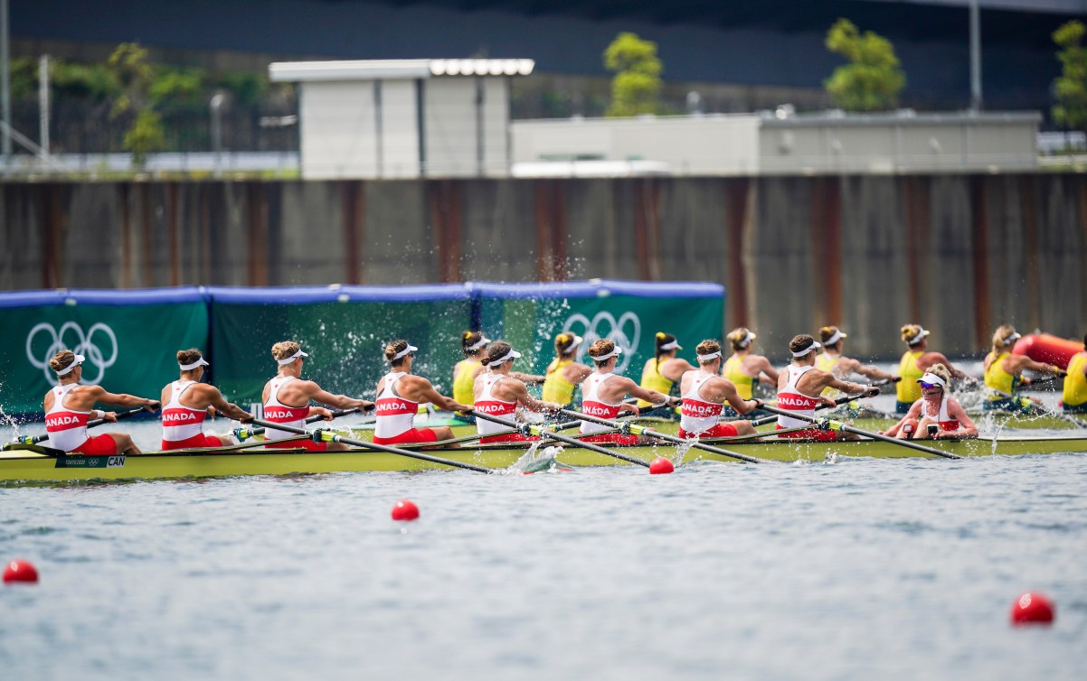 Women's eight crew rowing in race