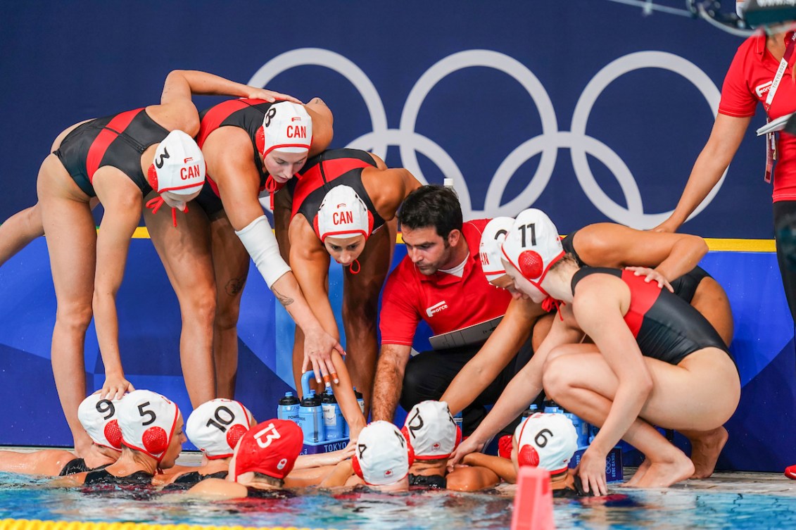 Water polo team huddled