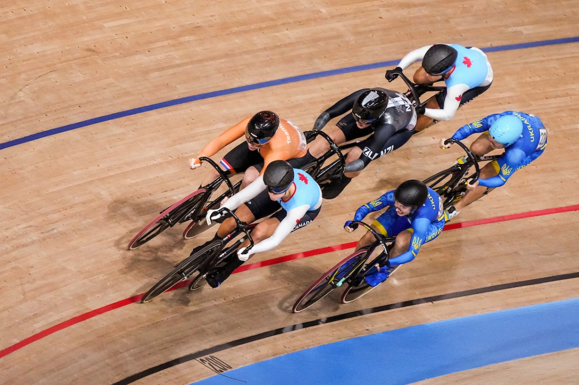 Kelsey Mitchell and Lauriane Genest race in the women's keirin final