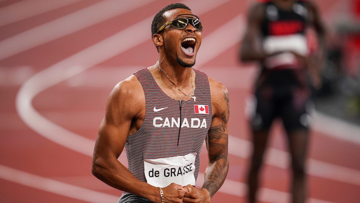 Andre De Grasse celebrates 200-metre victory