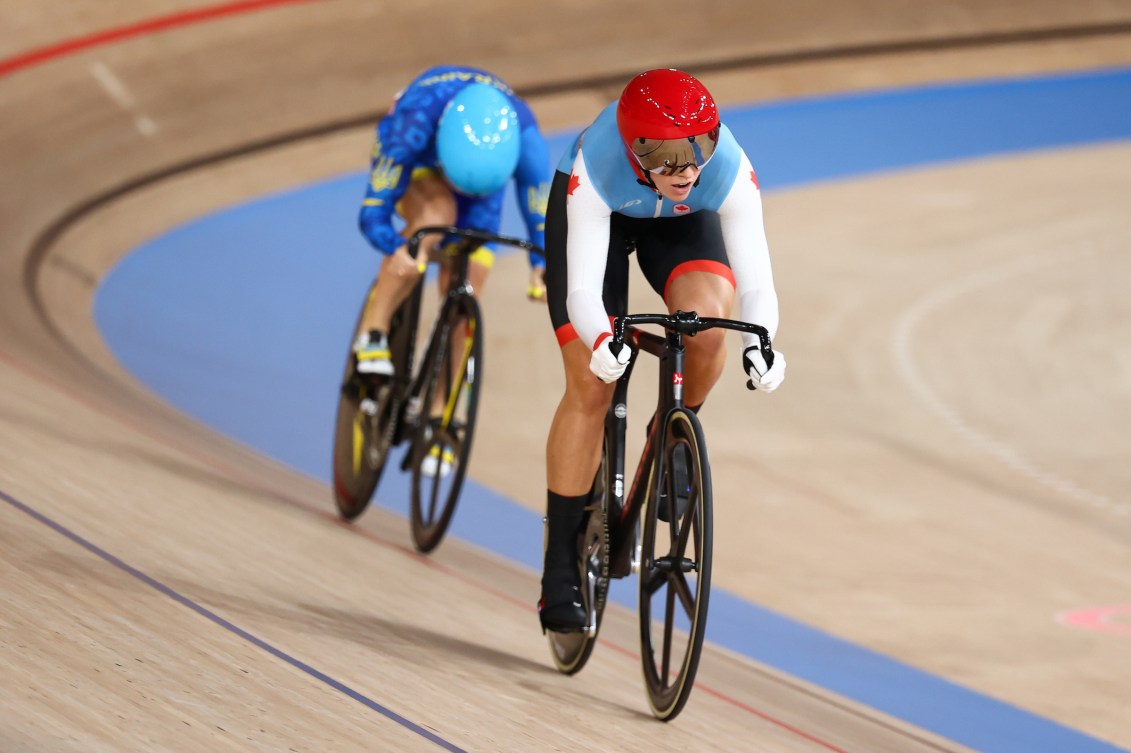 Kelsey Mitchell races in the individual sprint 