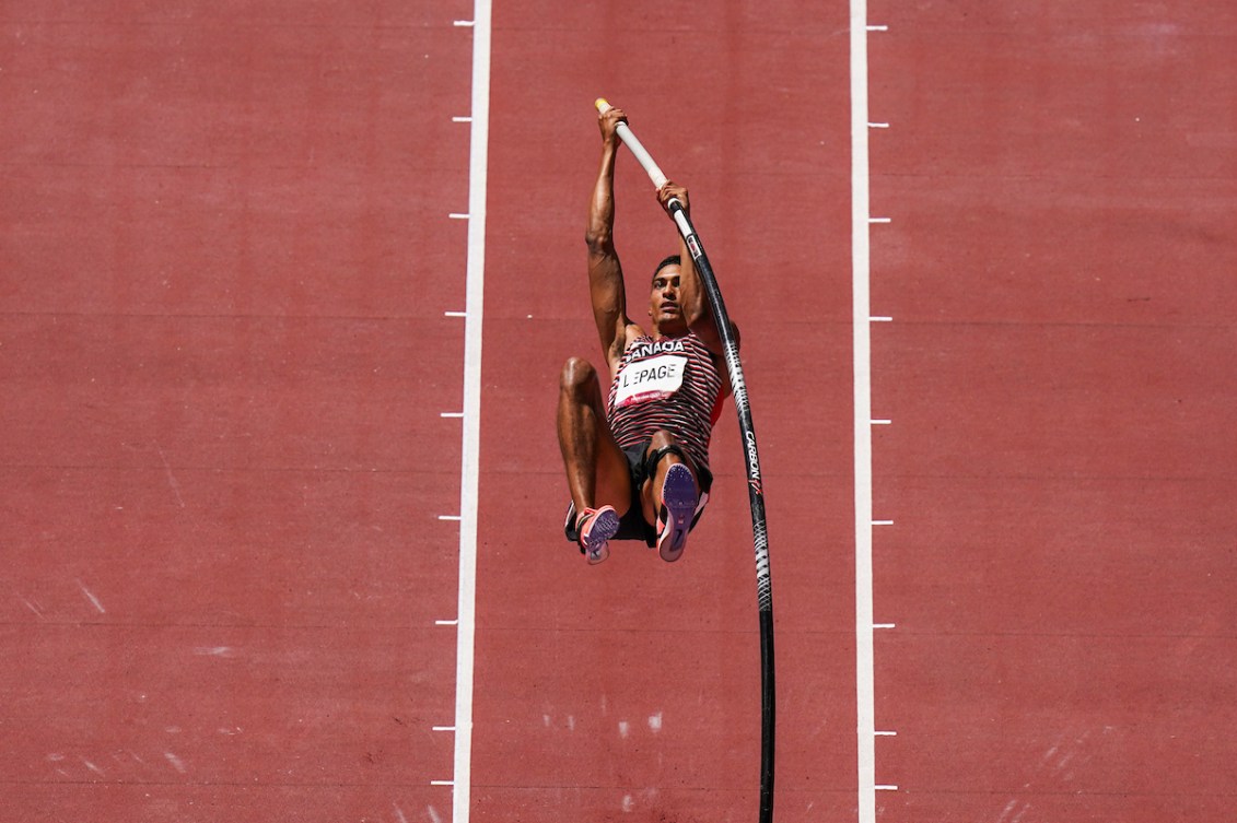 Pierce LePage competes in the decathlon pole vault competition. 