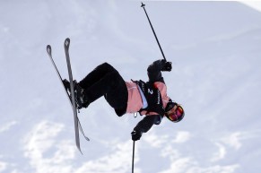 Cassie Sharpe, of Canada, competes during the qualifications for women's halfpipe skiing world championship Thursday, Feb. 7, 2019, in Park City, Utah. (AP Photo/Rick Bowmer)
