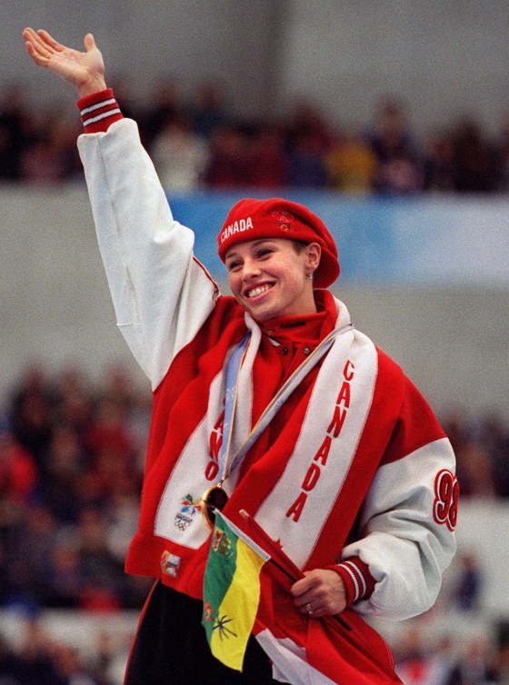 Catriona Le May Doan waves on the podium at Nagano 1998