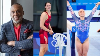 Three photos side by side. First is a man standing my a window. Second is a female swimming athlete standing by the pool. Third is a female gymnast with her hands in the air